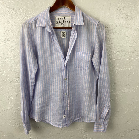Frank & Eileen Barry button down Linen blouse, pale blue & pink pin-stripe Small - Picture 2 of 11